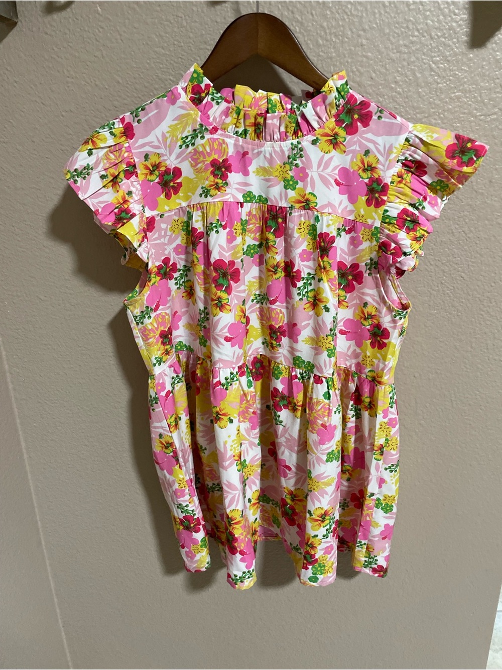 JODIFL Pink & Yellow Floral Ruffle Sleeve Top